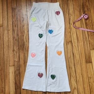 Treasure The Funk rave festival white rainbow sequin heart patterned flare pants